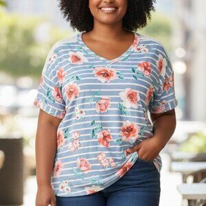 591 XXXLSTRIPED FLORAL TOP BY HONEYME CURVY